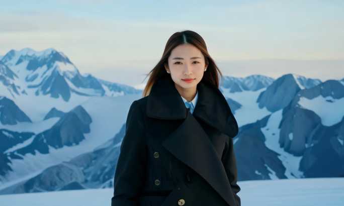 雪山美女 高美女模特 黑色风衣 服装设计