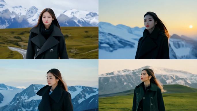 雪山美女 高美女模特 黑色风衣 服装设计