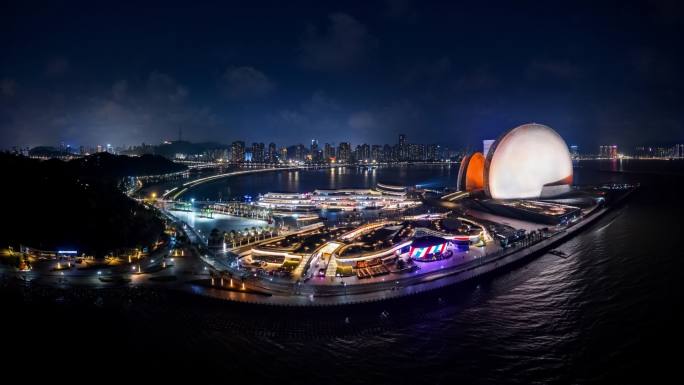 4K航拍珠海日月贝大剧院 夜景地标建筑