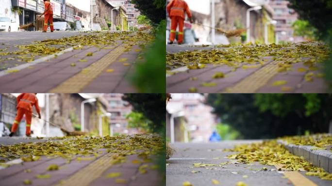 环卫工人扫落叶