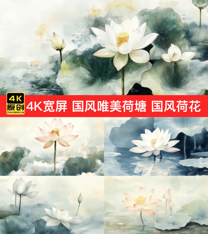 4K宽屏 国风唯美荷塘国风荷花水墨荷花