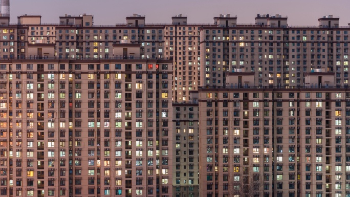 北京高密度住宅楼群亮灯夜景延时