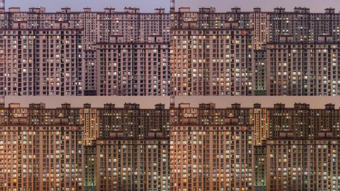 北京高密度住宅楼群亮灯夜景延时