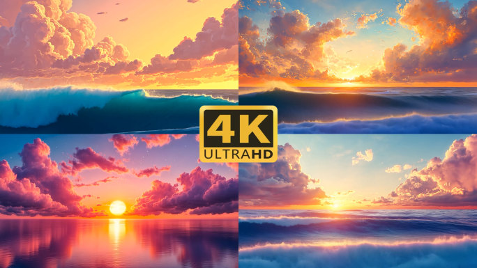 4K梦幻彩色水粉油画日出海浪2
