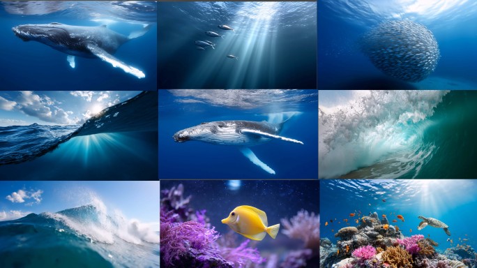 海滩日落美景海底珊瑚礁生态海底世界鲸鱼