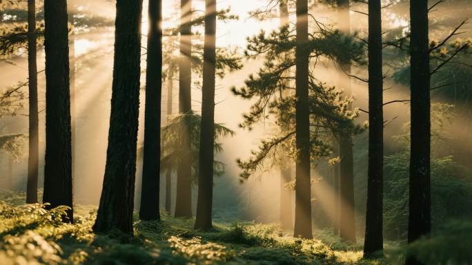 阳光洒落松树林的静谧时刻