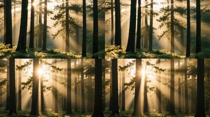 阳光洒落松树林的静谧时刻