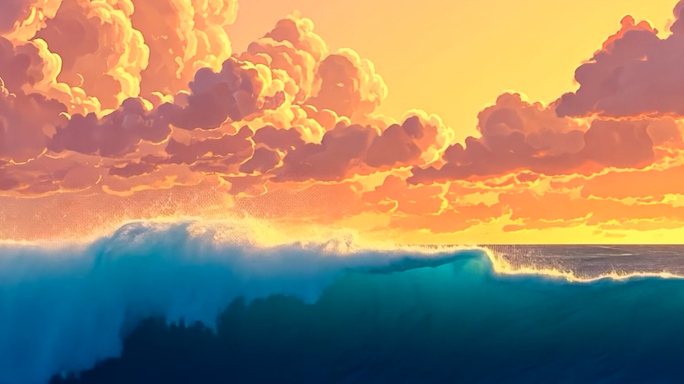 4K梦幻彩色水粉油画日出海浪4
