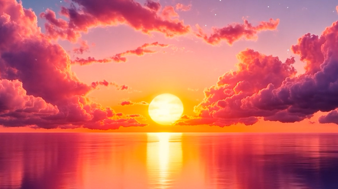 4K梦幻彩色水粉油画日出海浪4