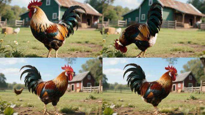 农庄晨光下公鸡自在觅食