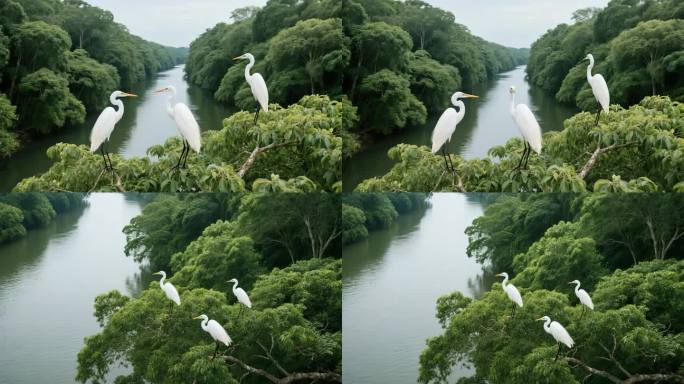 白鹭栖息在河岸丛林的宁静画面
