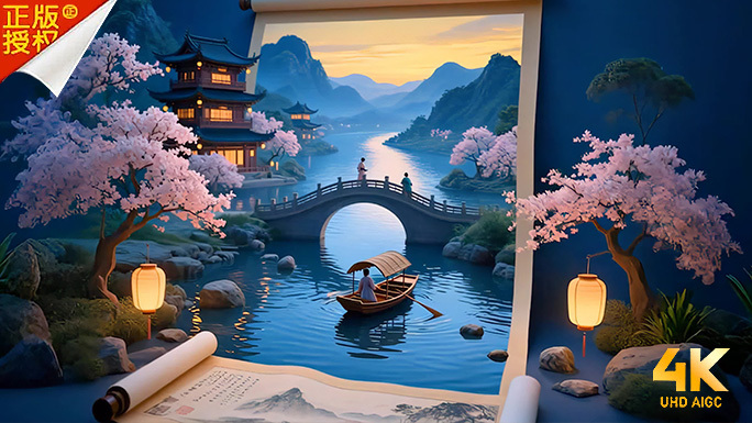 水墨唯美园林诗意江南水乡风光大屏舞台背景