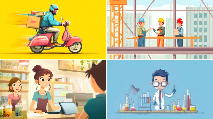五一劳动节各行各业人物工作场景卡通创意