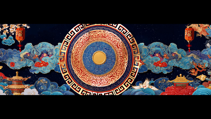 国潮风祥云楼阁新春祝福