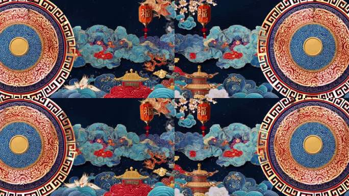 国潮风祥云楼阁新春祝福
