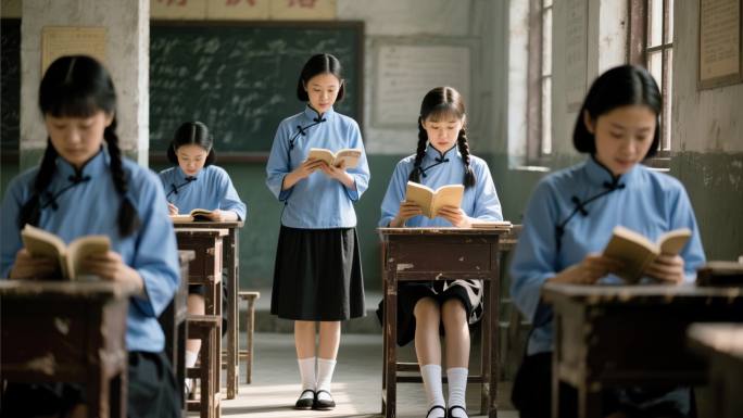 民国时期女学生课堂读书