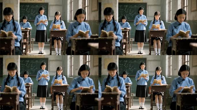 民国时期女学生课堂读书