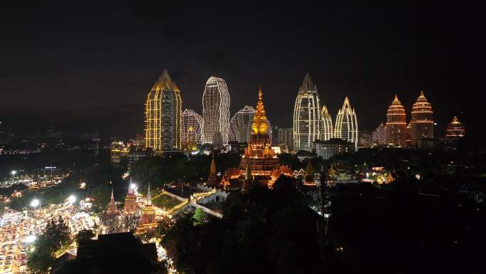 航拍西双版纳星光夜市