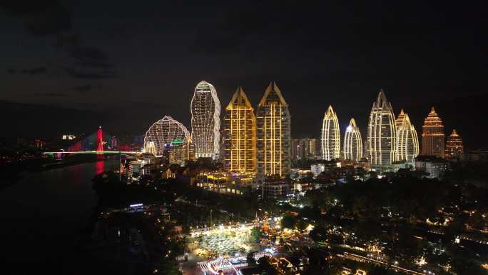 航拍西双版纳星光夜市