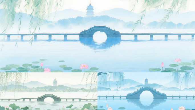4K宽屏西湖断桥雷峰塔唯美水墨江南背景