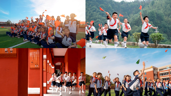 朝气蓬勃的小学 红领巾学生奔跑追逐梦想