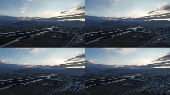 傍晚山川河流航拍延时