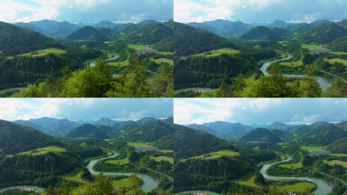 奥地利恩斯河穿过山谷的鸟瞰图。