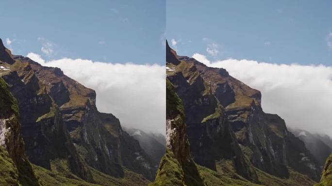 陡峭崎岖的山谷风景，喜马拉雅山脚下郁郁葱葱的山谷，底部有壮观的悬崖和河流，位于尼泊尔的喜马拉雅山脉景