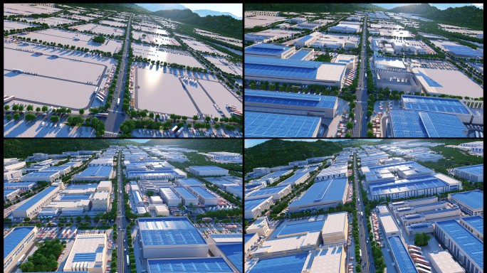 新能源产业园区鸟瞰三维工厂生长光伏物流园