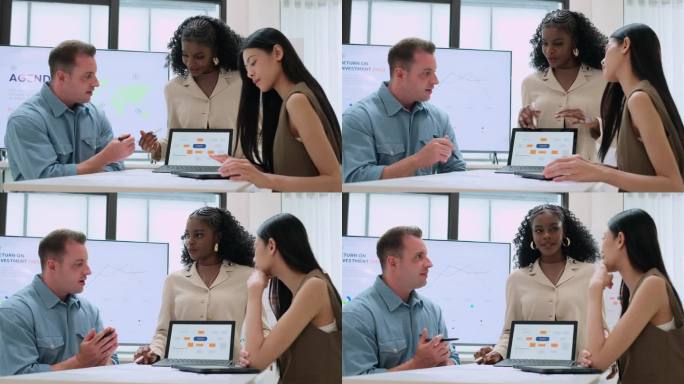 多样化的商务人士在办公室讨论财务风险计划。财务顾问公司，市场营销策略分析，股票市场交易。