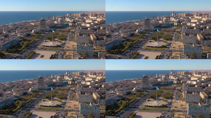 阿克套，哈萨克斯坦 - 2025年2月1日：海滨城市的全景，突出显示建筑和海洋。