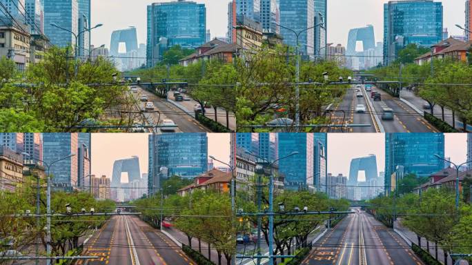 北京城市道路车流景观CBD中央电视台
