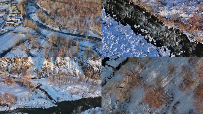 新疆阿勒泰冰雪河流航拍景观4K