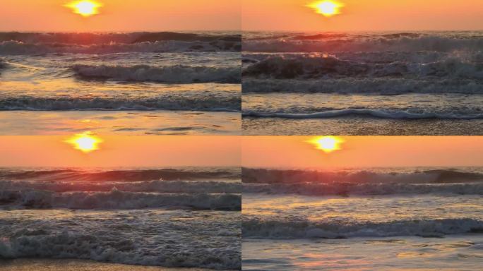 海浪在西尔特岛的兰图姆北海海滩上翻滚，夕阳下的美景。