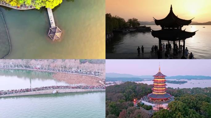 杭州城市西湖区航拍延时摄影风景风光美景
