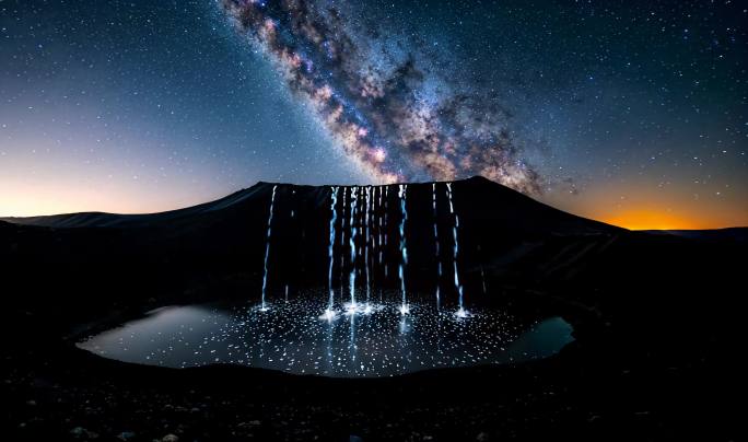 星空下的湖面倒影 火山湖与银河夜景