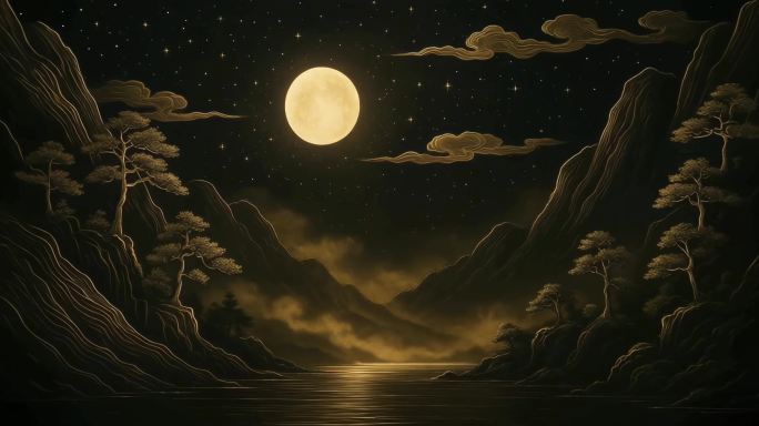 4K宽屏 黑金山水中秋月夜山水意境背景