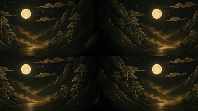 4K宽屏 黑金山水中秋月夜山水意境背景