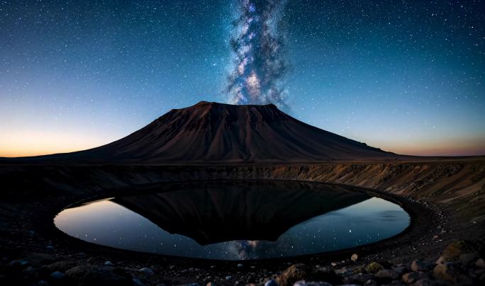 火山星空倒影银河 静谧夜空火山湖