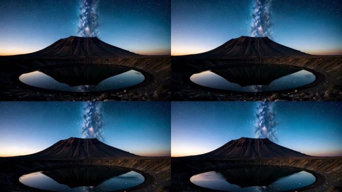 火山星空倒影银河 静谧夜空火山湖