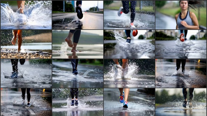 雨中奔跑的踩水瞬间