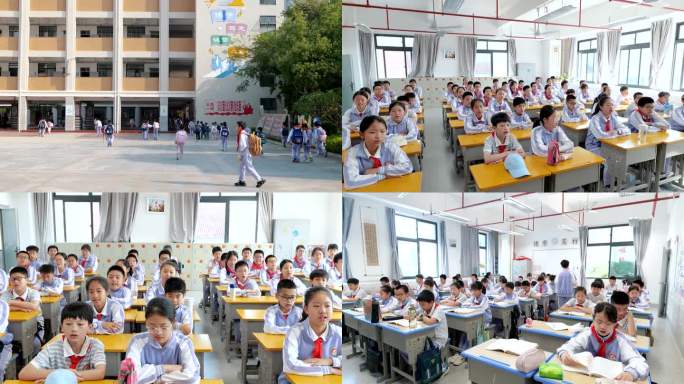小学生上学进校园以及教室里学生早读背诗文