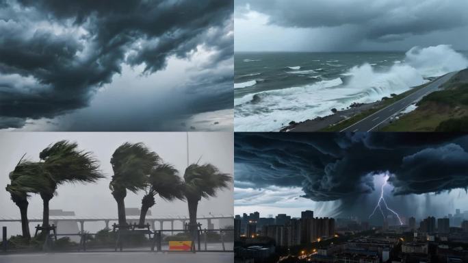 台风过境海上城市风暴 台风素材