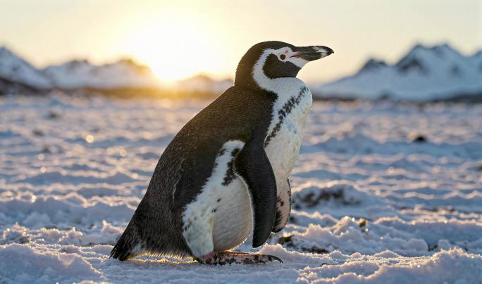 企鹅母子雪地温馨相伴 夕阳下企鹅亲子依偎