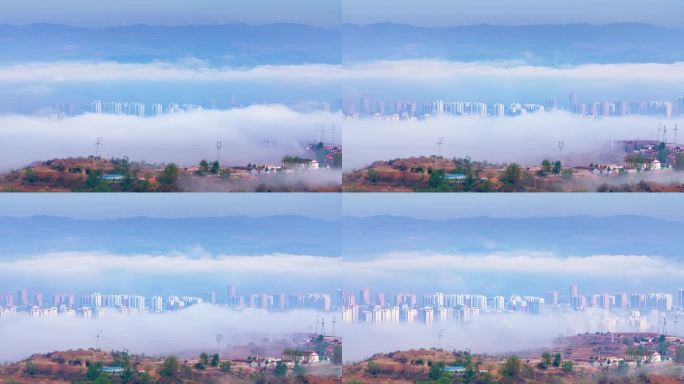 城市笼罩在云雾气中慢慢消散