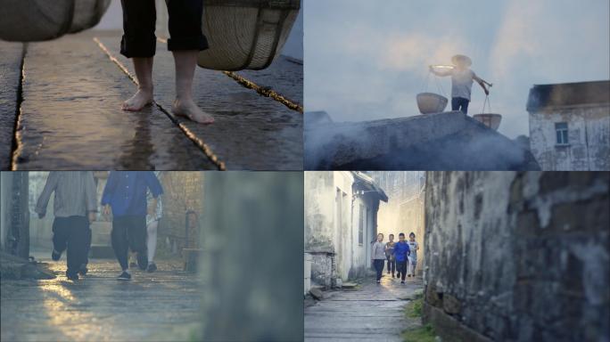 怀旧江南水乡古桥老人挑担巷弄小孩嬉戏奔跑