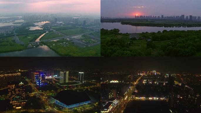 盛泽 日出日落夜景潜龙渠航拍空镜