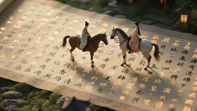 国风汉字中国古风骏马书卷唯美意境文化水墨