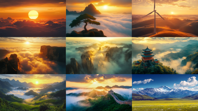 壮丽山河自然风光秀美山川美景夕阳落日云海