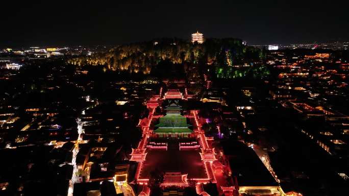 丽江古城地标木府、万古楼夜景灯光秀航拍
